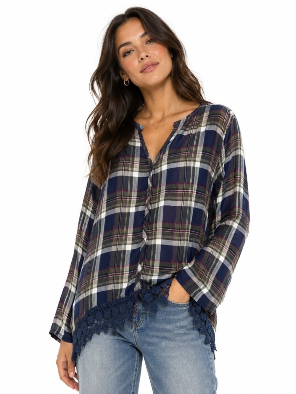 cb established 1962 Top Blouse Plaid w/ Lace Button Front Tabbed Sleeves XL